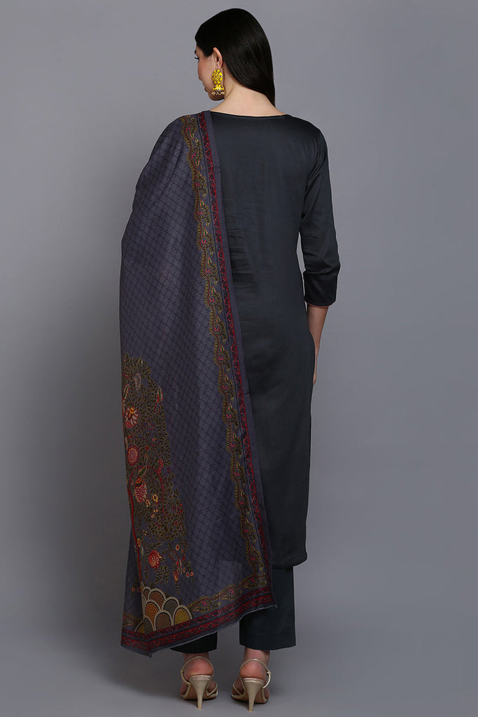 Cotton Grey Embroidered Straight Kurta Pant With Dupatta VKSKD1940