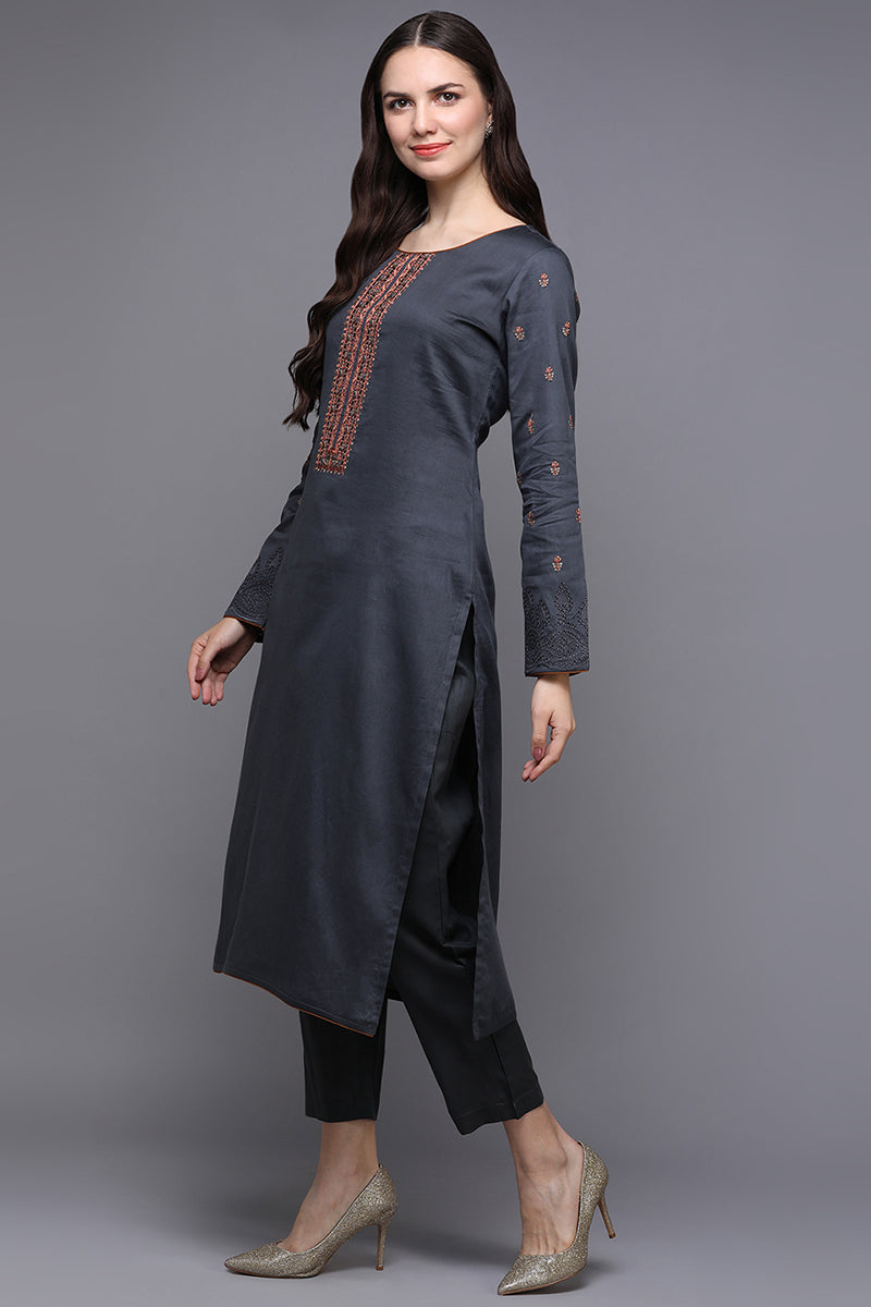 Grey Pure Cotton Ethnic Motifs Straight Suit Set VKSKD1949