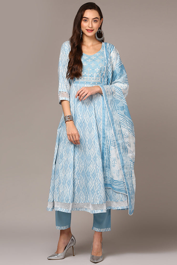 Blue Cotton Blend Ethnic Motif Printed Flared Suit Set VKSKD1961