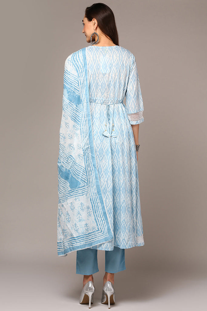 Blue Cotton Blend Ethnic Motif Printed Flared Suit Set VKSKD1961