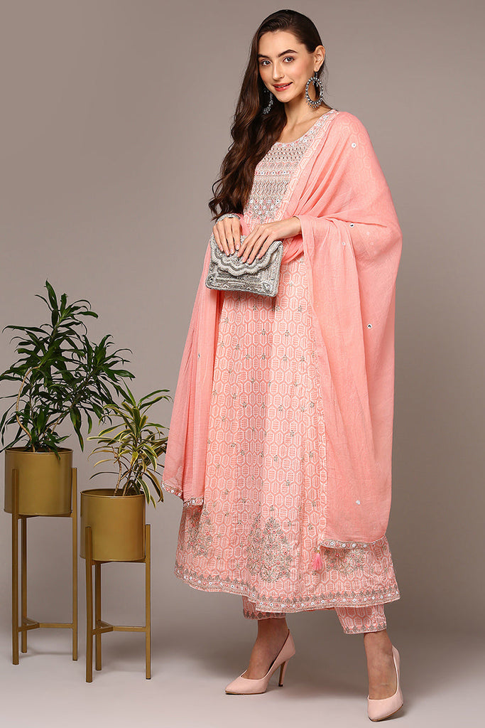 Pink Pure Cotton Embroidered Flared Suit Set VKSKD1962