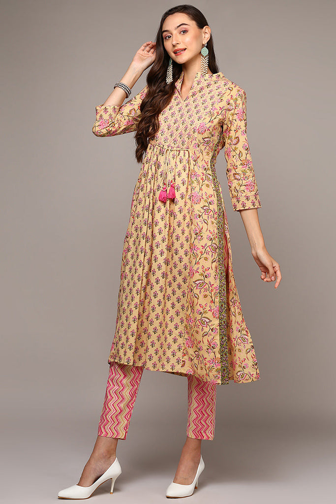 Cream Pure Cotton Printed Flared Suit Set VKSKD1966