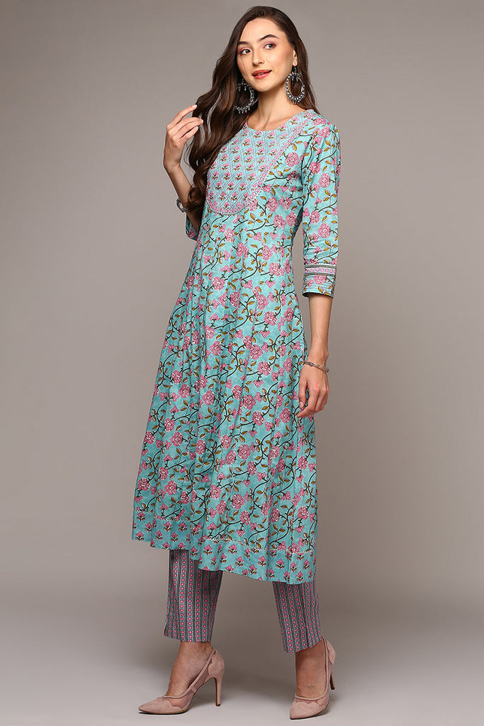 Blue Pure Cotton Printed Flared Suit Set VKSKD1968