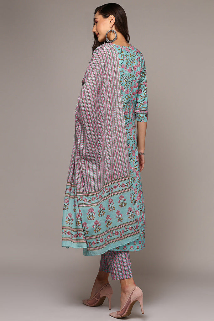 Blue Pure Cotton Printed Flared Suit Set VKSKD1968