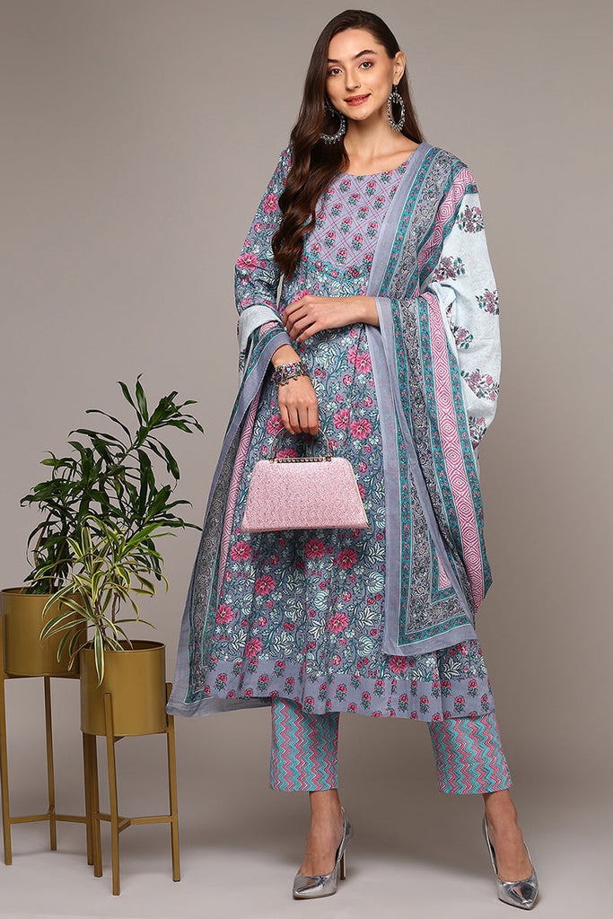 Grey Pure Cotton Printed Flared Suit Set VKSKD1970