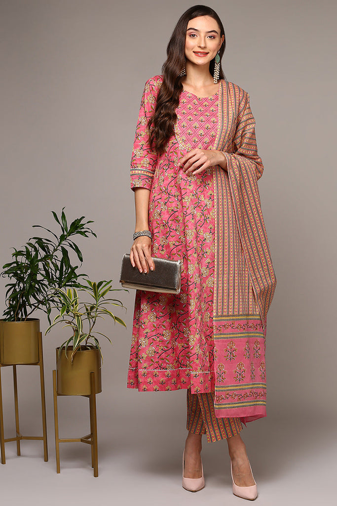 Pink Pure Cotton Printed Flared Suit Set VKSKD1973