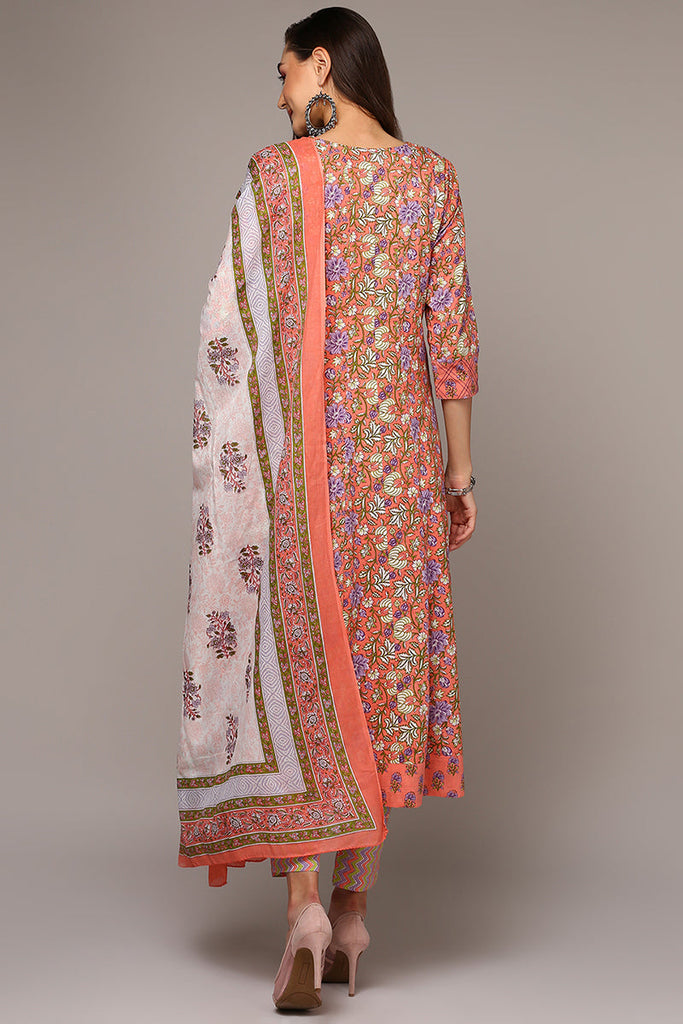 Peach Pure Cotton Printed Flared Suit Set VKSKD1974