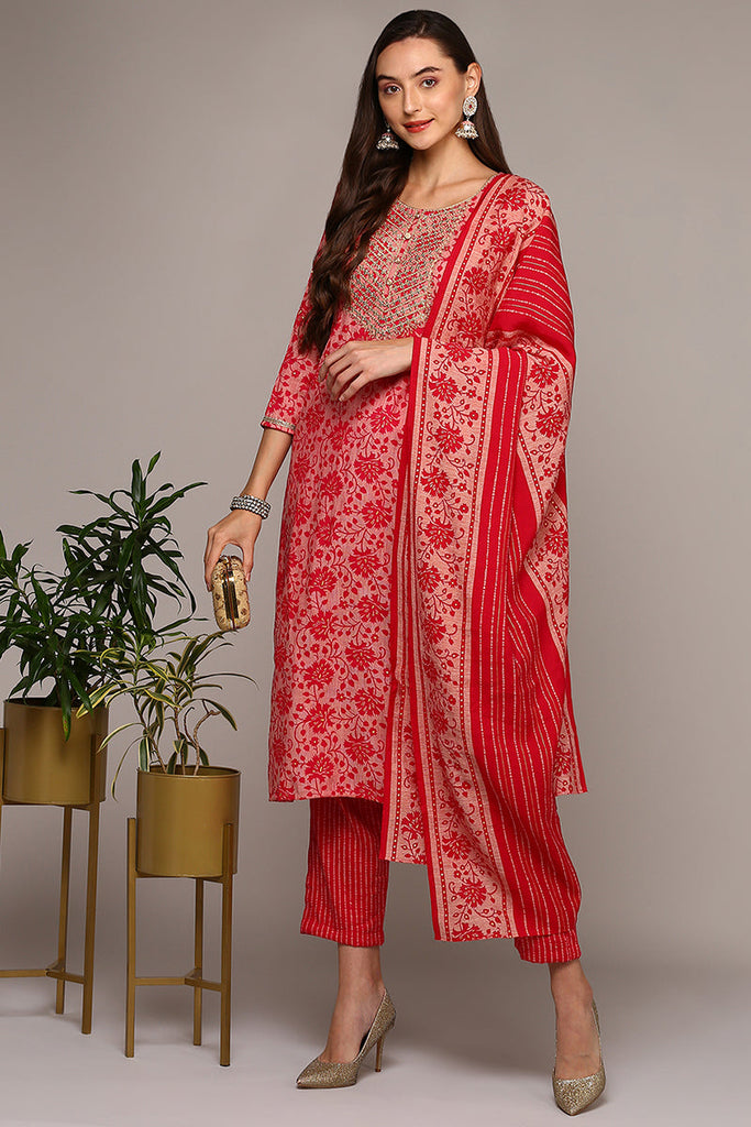 Pink Silk Blend Printed Straight Suit Set VKSKD1977