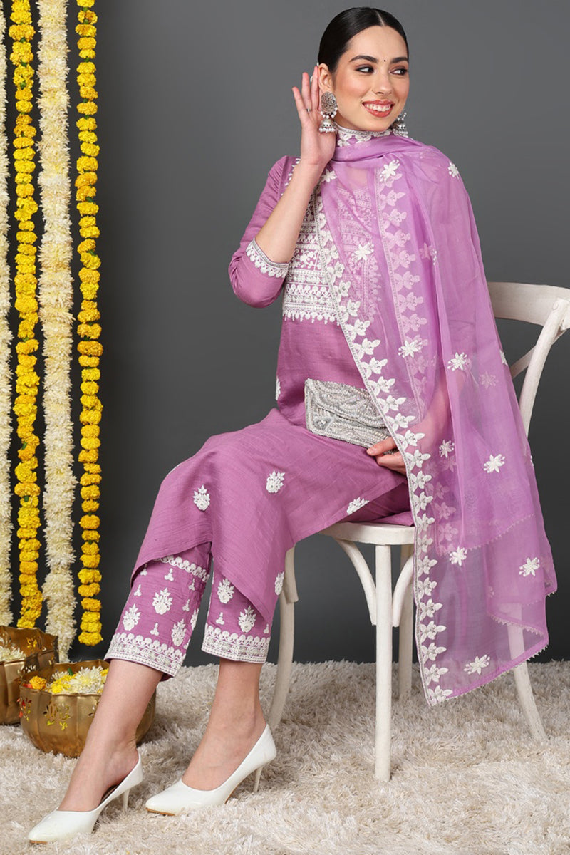 Pink Silk Blend Solid Embroidered Straight Suit Set VKSKD1983