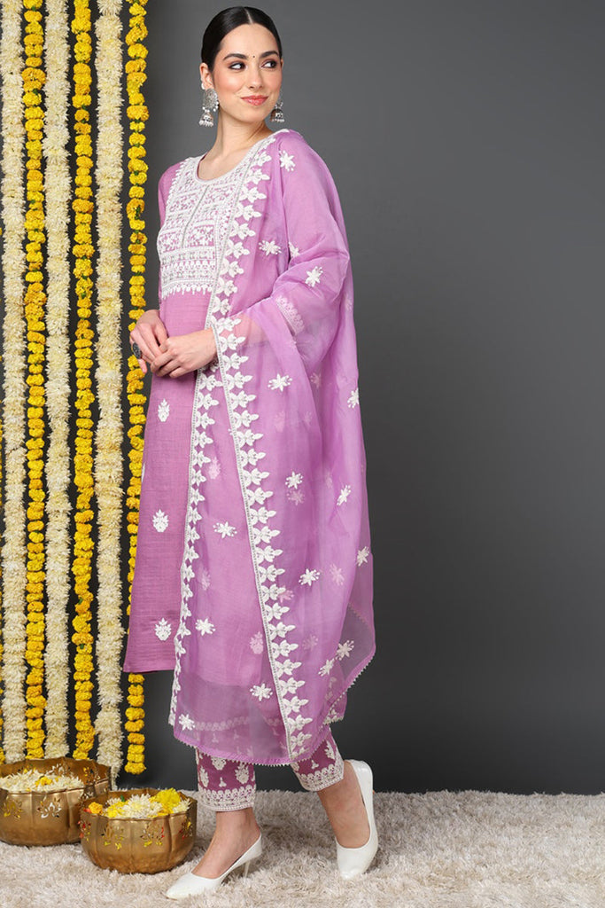 Pink Silk Blend Solid Embroidered Straight Suit Set VKSKD1983