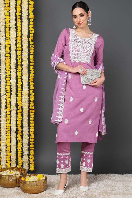 Pink Silk Blend Solid Embroidered Straight Suit Set VKSKD1983