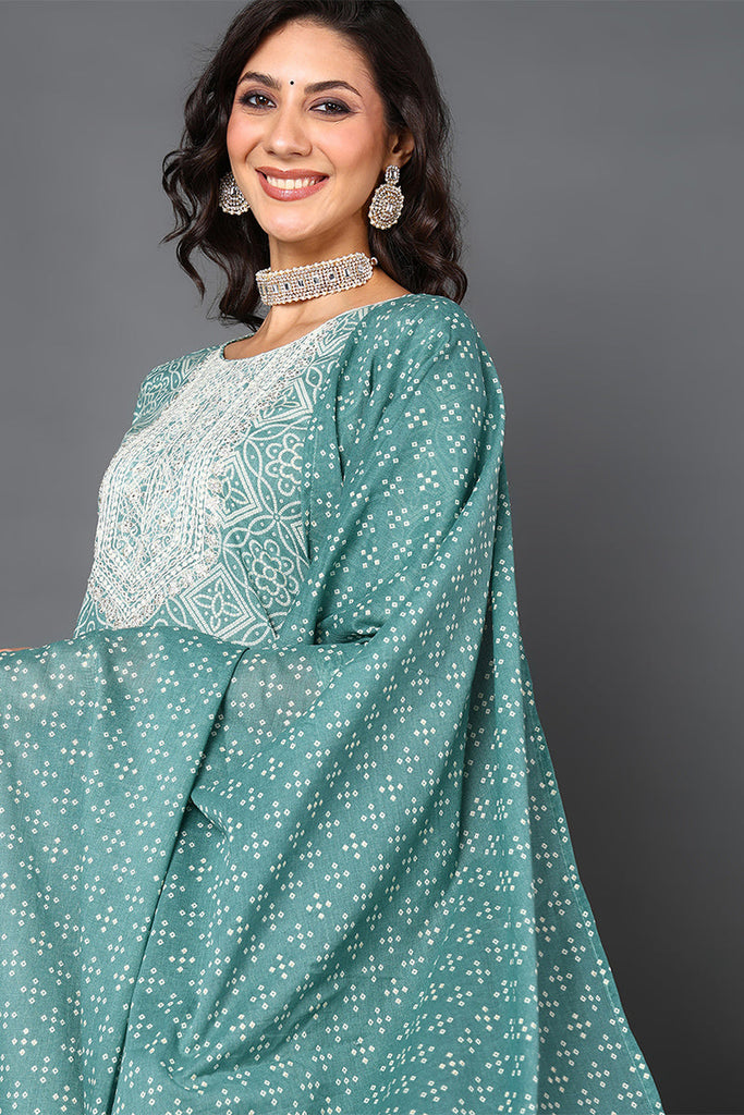 Green Pure Cotton Bandhani Printed Straight Suit Set VKSKD1985