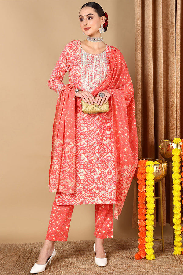 Peach Cotton Bandhani Printed Straight Suit Set VKSKD1986