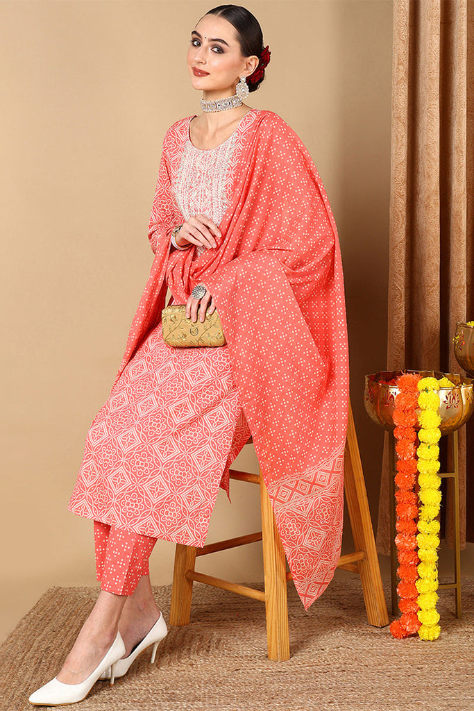 Peach Cotton Bandhani Printed Straight Suit Set VKSKD1986