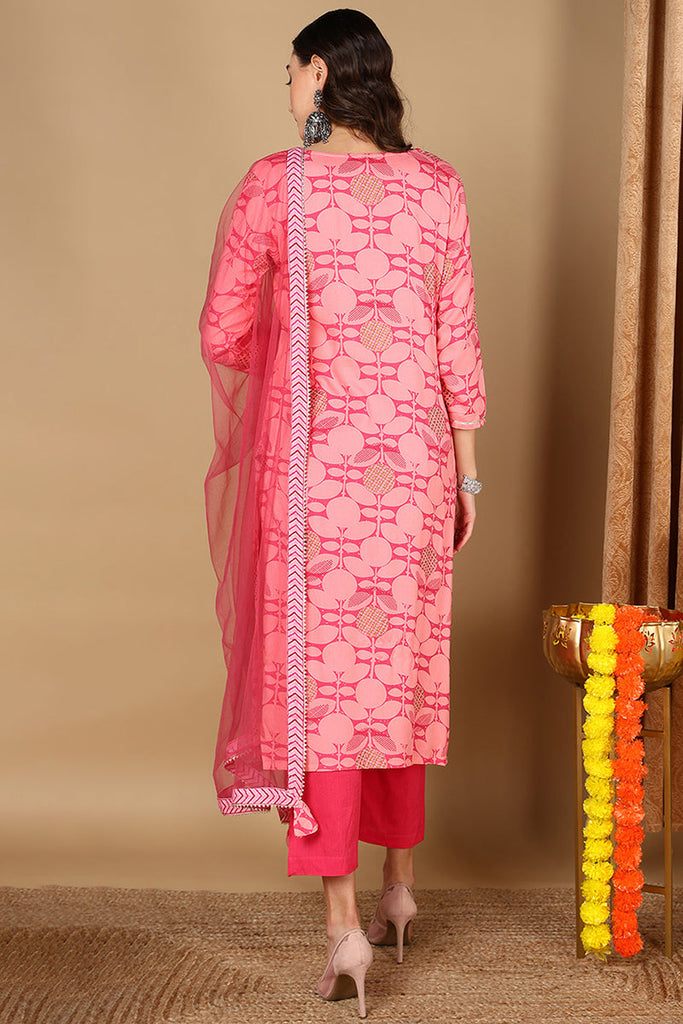 Pink Rayon Blend Geometric Printed Straight Suit Set VKSKD1990