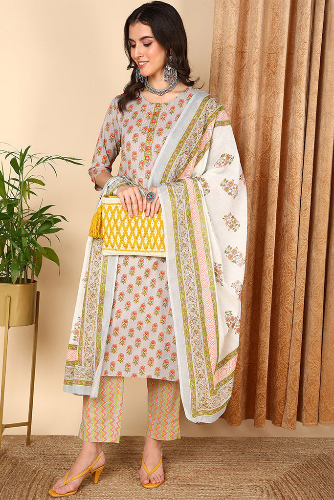 Grey Pure Cotton Ethnic Motifs Printed Straight Suit Set VKSKD2006