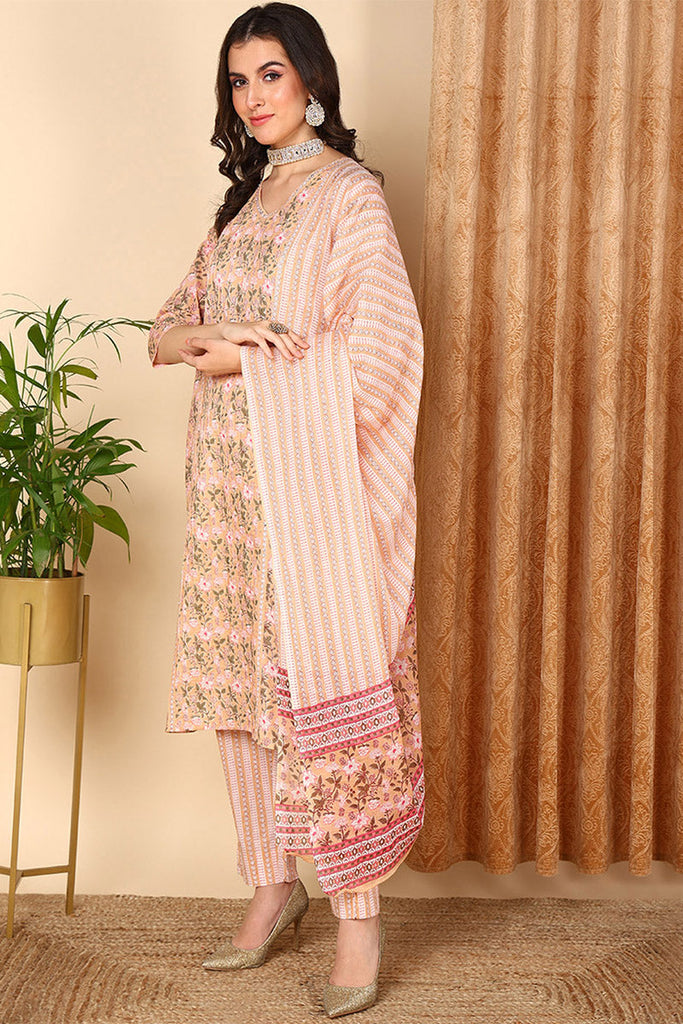 Peach Pure Cotton Floral Printed Straight Suit Set VKSKD2007