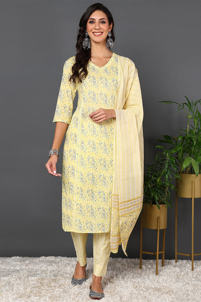 Yellow Pure Cotton Floral Printed Straight Suit Set VKSKD2008