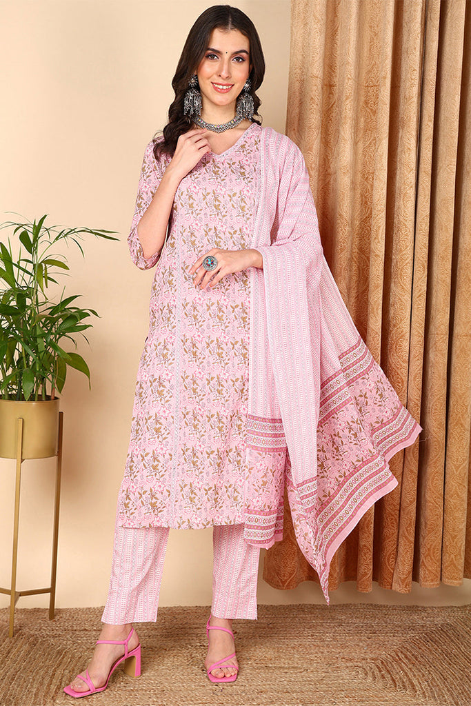 Pink Pure Cotton Floral Printed Straight Suit Set VKSKD2009