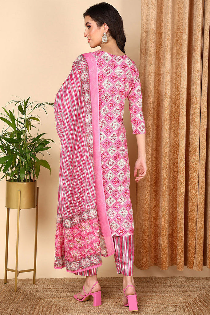 Pink Pure Cotton Geometric Printed Yoke Design Suit Set VKSKD2010