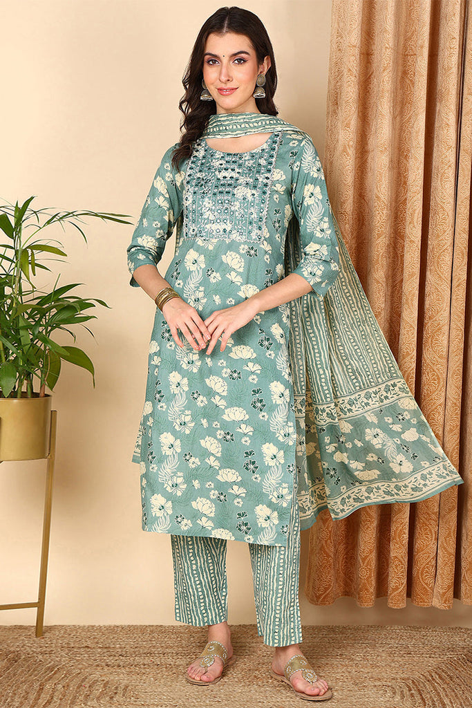 Sea Green Pure Cotton Floral Printed Yoke Design Suit Set VKSKD2011