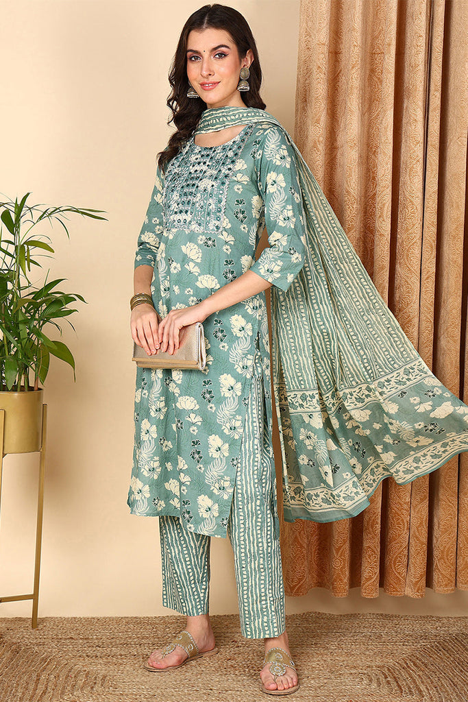 Sea Green Pure Cotton Floral Printed Yoke Design Suit Set VKSKD2011