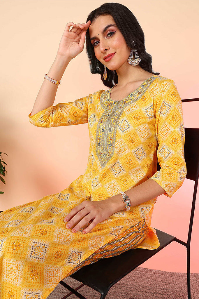 Yellow Pure Cotton Geometric Printed Yoke Design Suit Set VKSKD2012