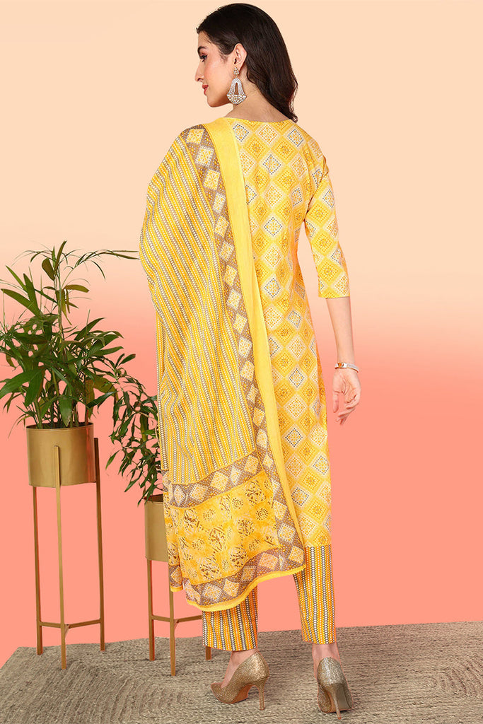 Yellow Pure Cotton Geometric Printed Yoke Design Suit Set VKSKD2012