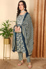 Navy Blue Pure Cotton Floral Printed Straight Suit Set VKSKD2015