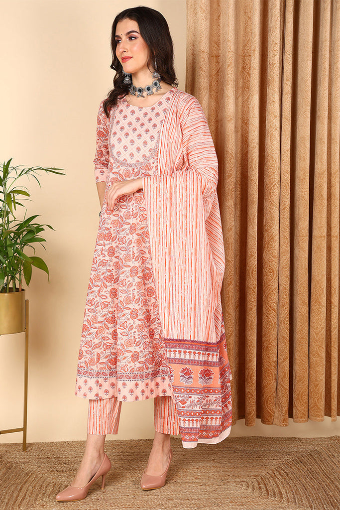 Peach Pure Cotton Floral Printd Yoke Design Suit Set VKSKD2016