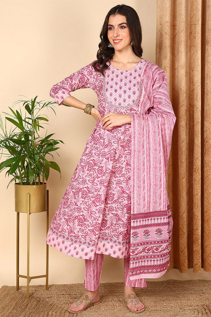 Pink Pure Cotton Floral Printed Yoke Design Suit Set VKSKD2017