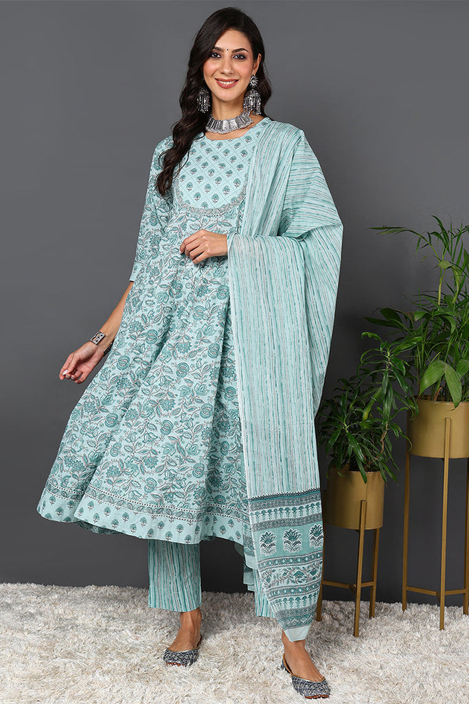 Sea Green Pure Cotton Floral Printed Anarkali Suit Set VKSKD2018