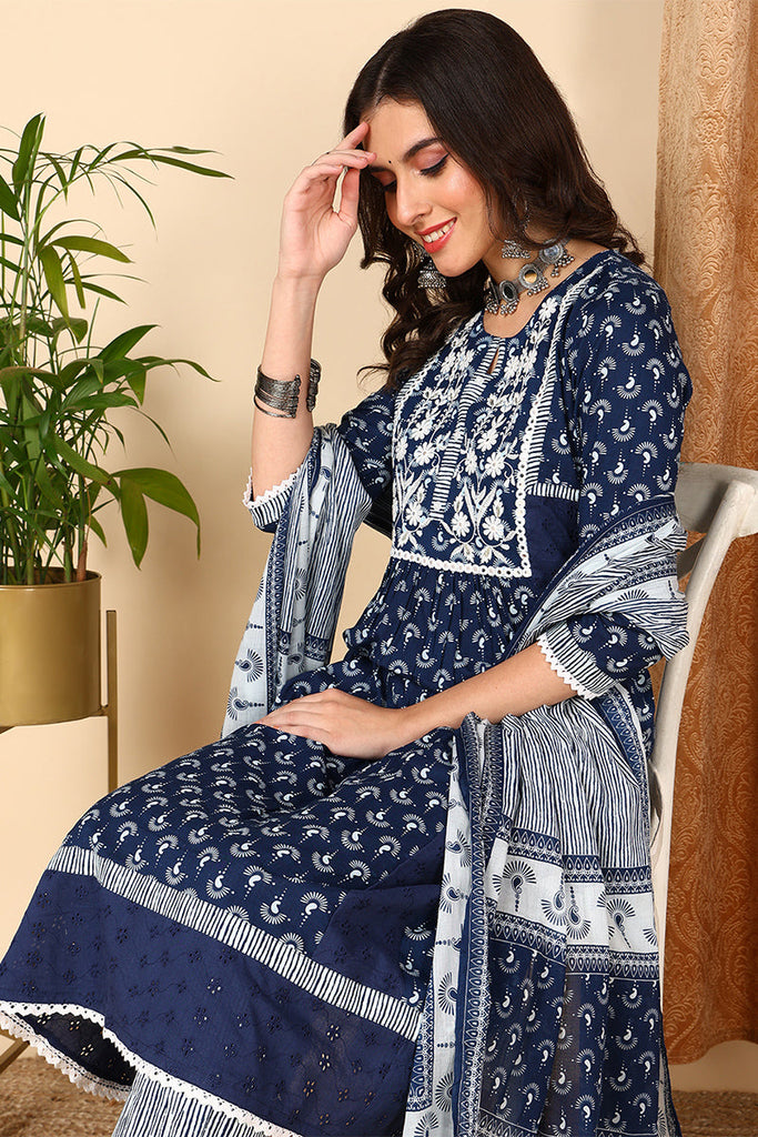 Blue Pure Cotton Ethnic Motifs Printed Yoke Design Anarkali Suit Set VKSKD2023