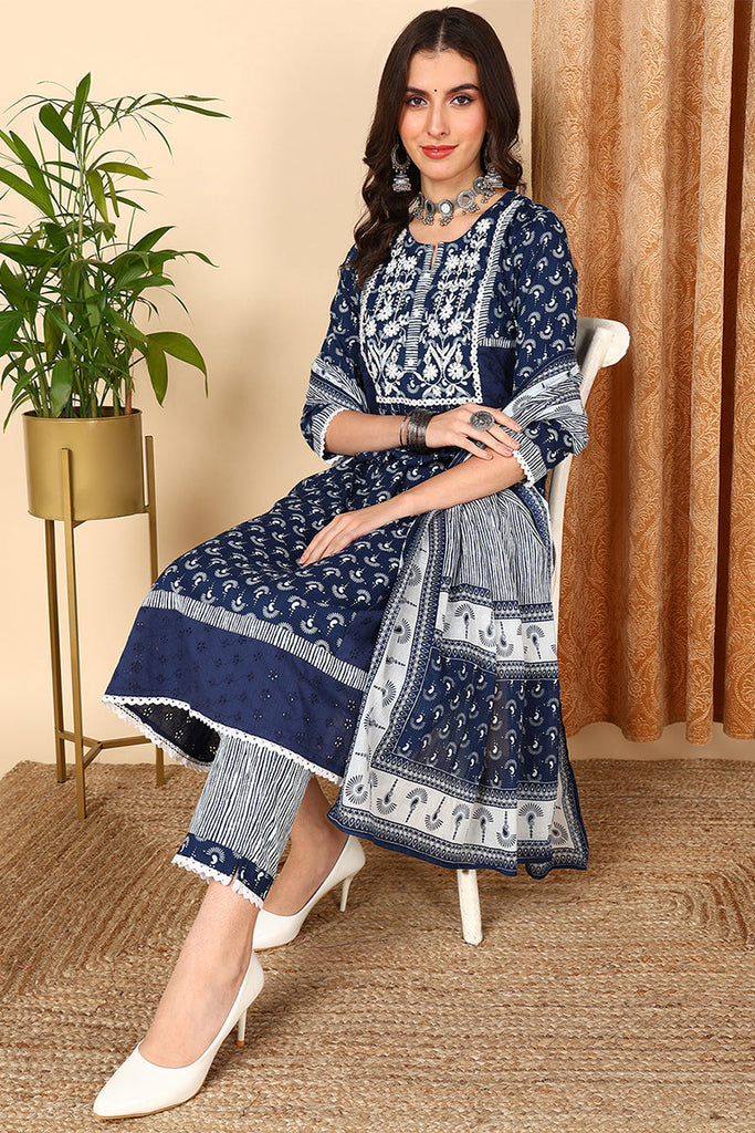 Blue Pure Cotton Ethnic Motifs Printed Yoke Design Anarkali Suit Set VKSKD2023