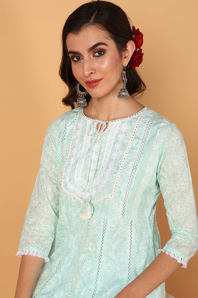 Sea Green Pure Cotton Floral Yoke Design Flared Suit Set VKSKD2024