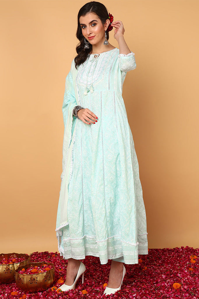 Sea Green Pure Cotton Floral Yoke Design Flared Suit Set VKSKD2024