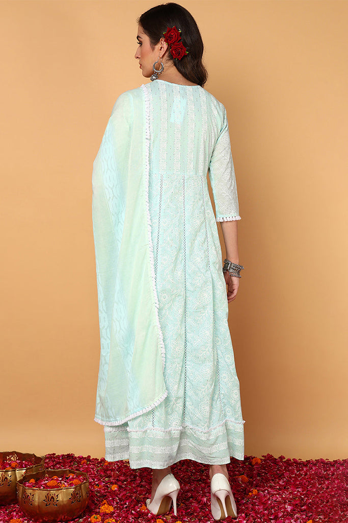 Sea Green Pure Cotton Floral Yoke Design Flared Suit Set VKSKD2024