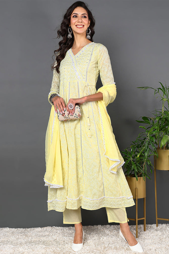 Yellow Pure Cotton Floral Printed Angarkha Style Suit Set VKSKD2027