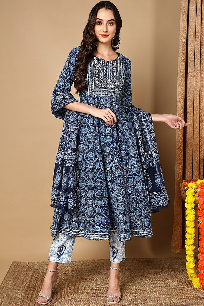 Blue Pure Cotton Ethnic Motifs Printed Anarkali Suit Set VKSKD2035