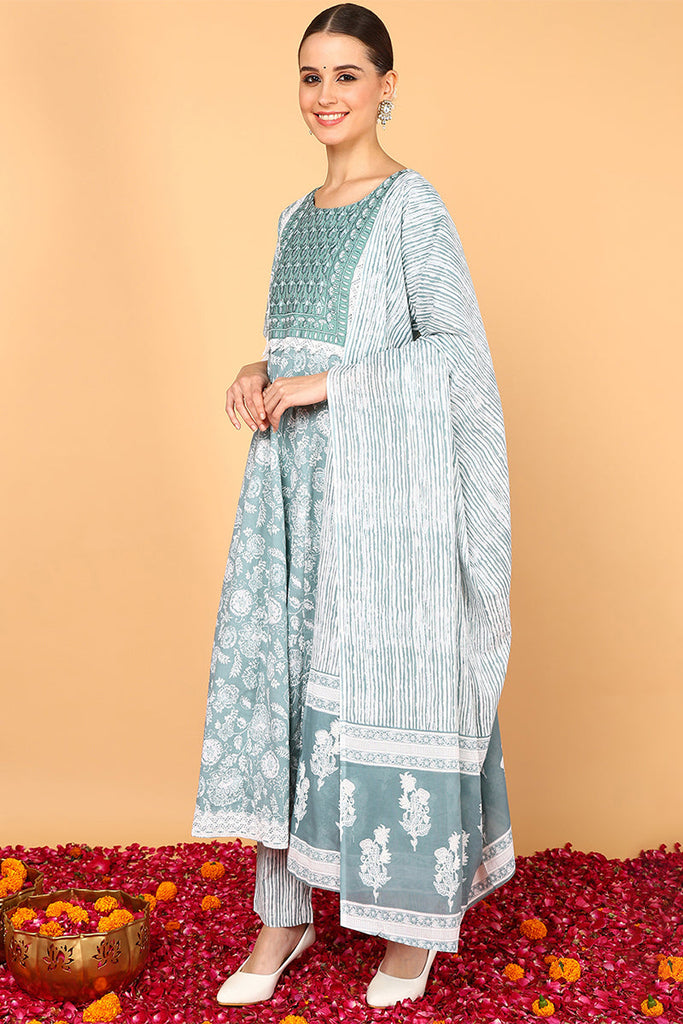 Sea Green Pure Cotton Ethnic Motifs Yoke Design Flared Suit Set VKSKD2038