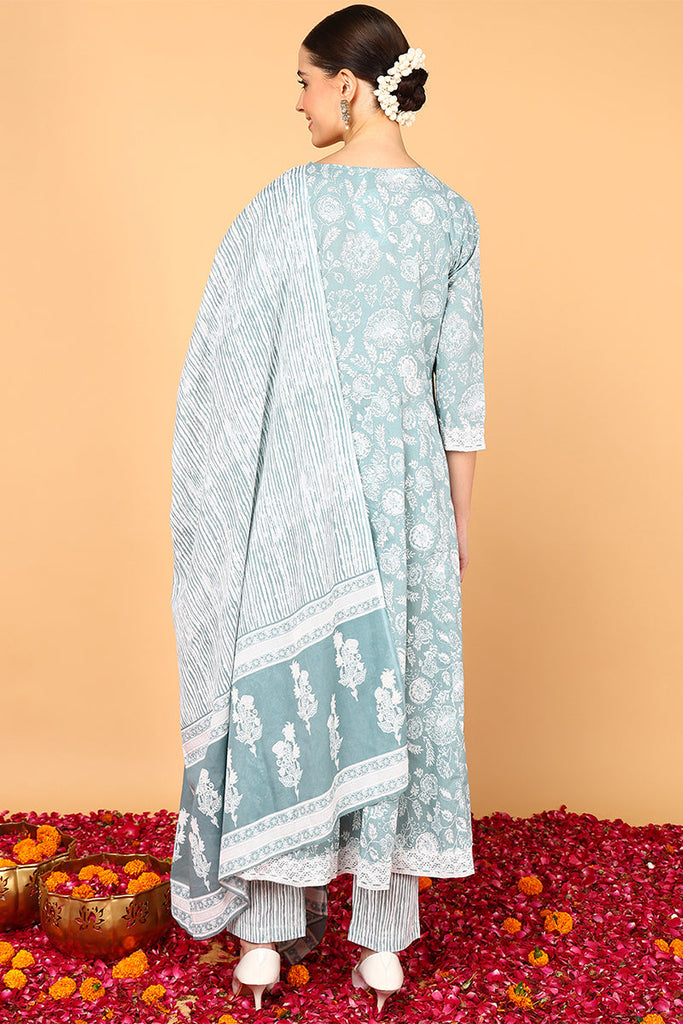 Sea Green Pure Cotton Ethnic Motifs Yoke Design Flared Suit Set VKSKD2038