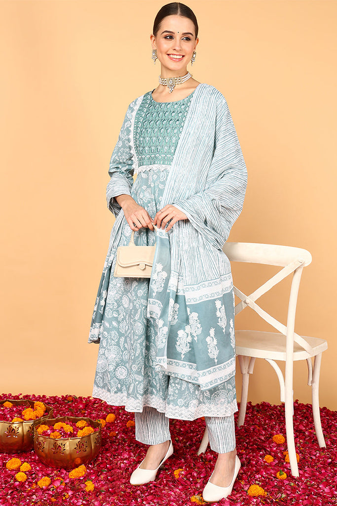 Sea Green Pure Cotton Ethnic Motifs Yoke Design Flared Suit Set VKSKD2038