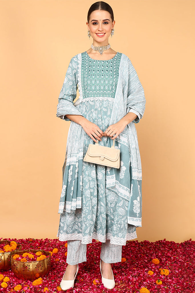 Sea Green Pure Cotton Ethnic Motifs Yoke Design Flared Suit Set VKSKD2038