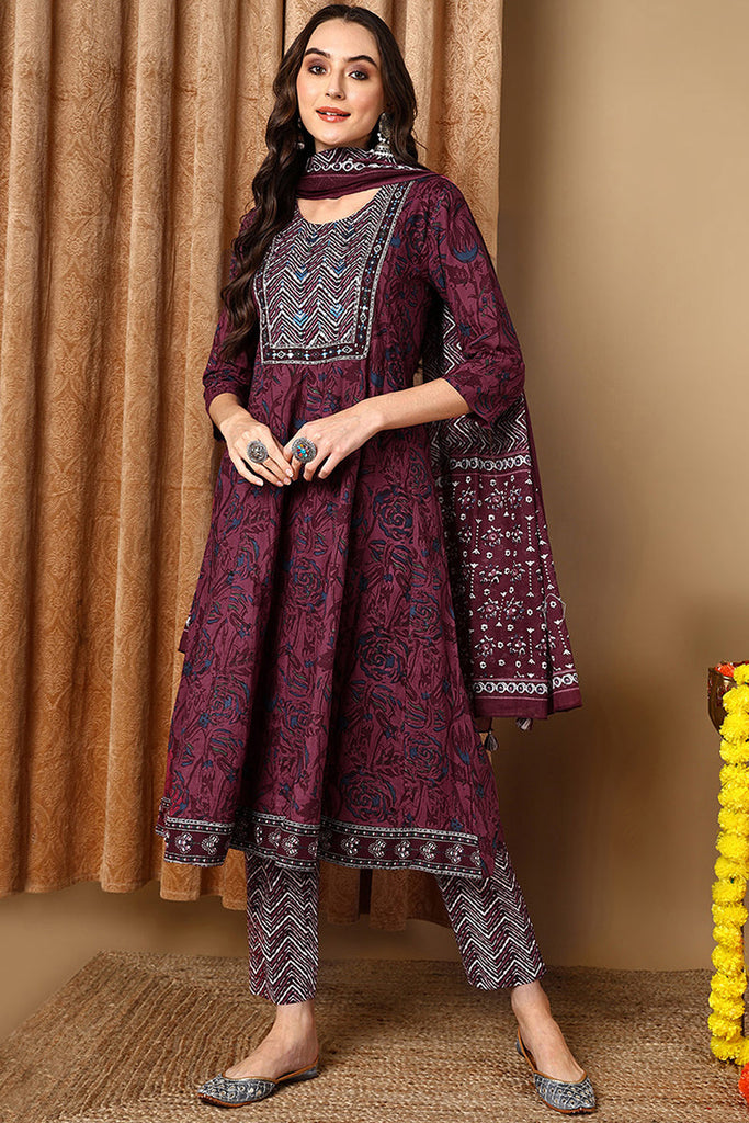 Magenta Pure Cotton Floral Printed Yoke Design Suit Set VKSKD2039