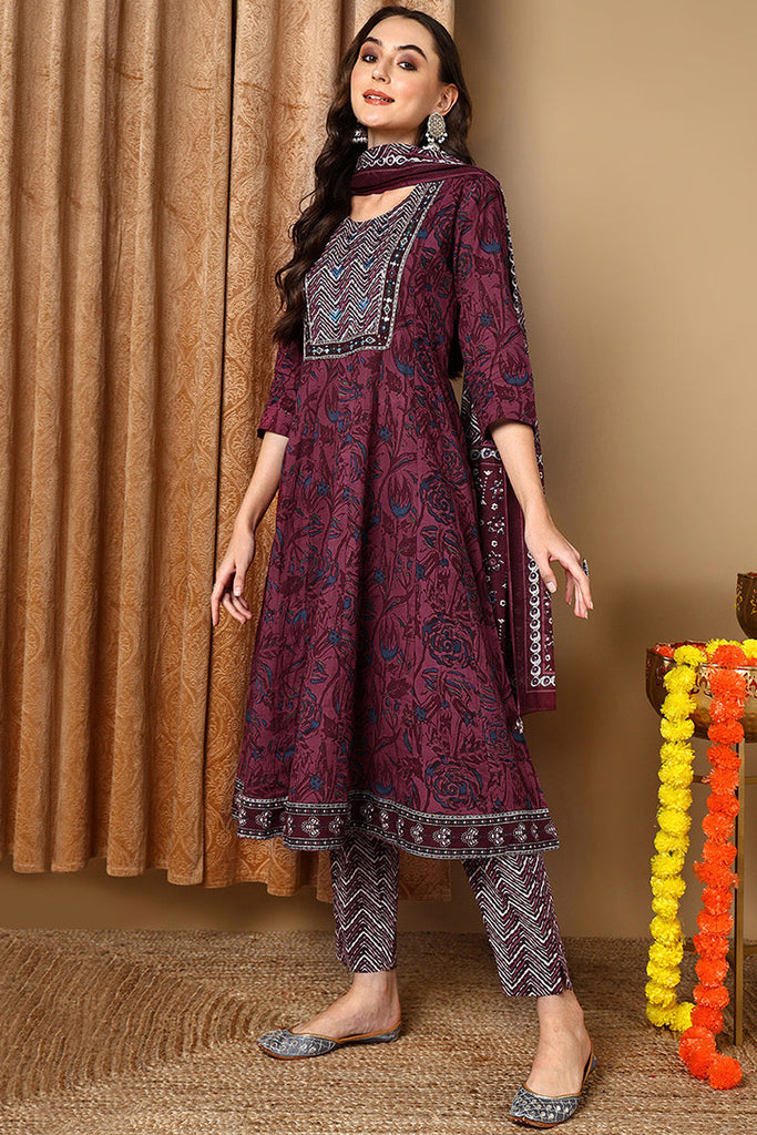 Magenta Pure Cotton Floral Printed Yoke Design Suit Set VKSKD2039