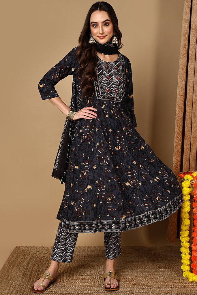 Charcoal Black Pure Cotton Floral Printed Yoke Design Suit Set VKSKD2040