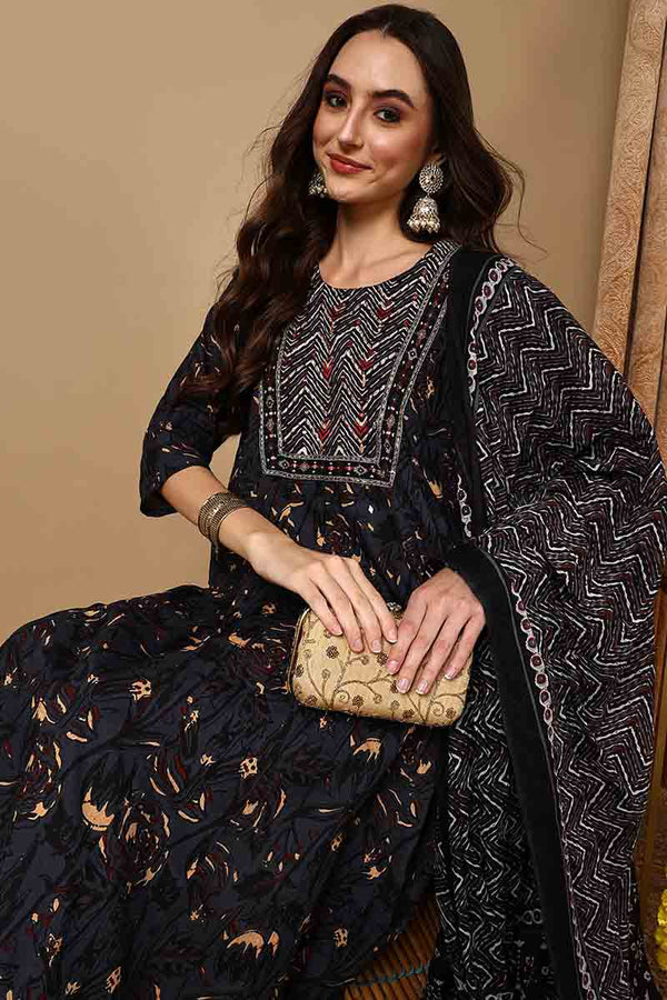 Charcoal Black Pure Cotton Floral Printed Yoke Design Suit Set VKSKD2040