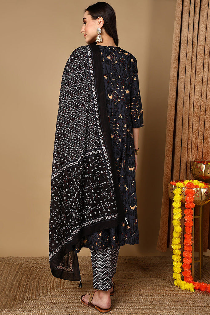 Charcoal Black Pure Cotton Floral Printed Yoke Design Suit Set VKSKD2040