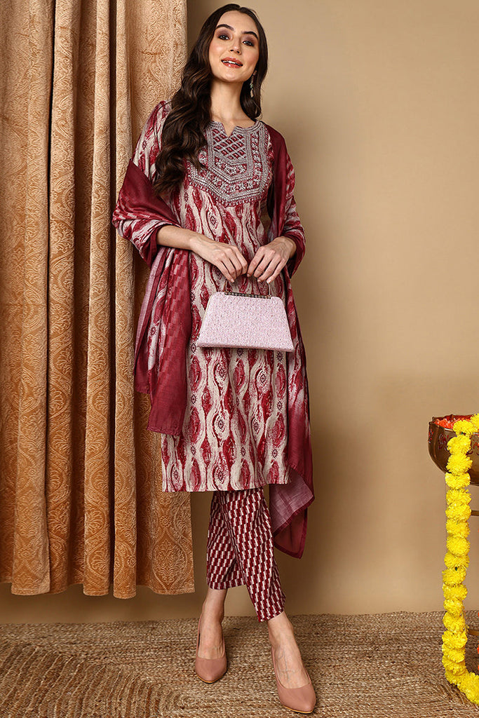 Maroon Pure Cotton Printed Ethnic Motifs Yoke Design Suit Set VKSKD2043