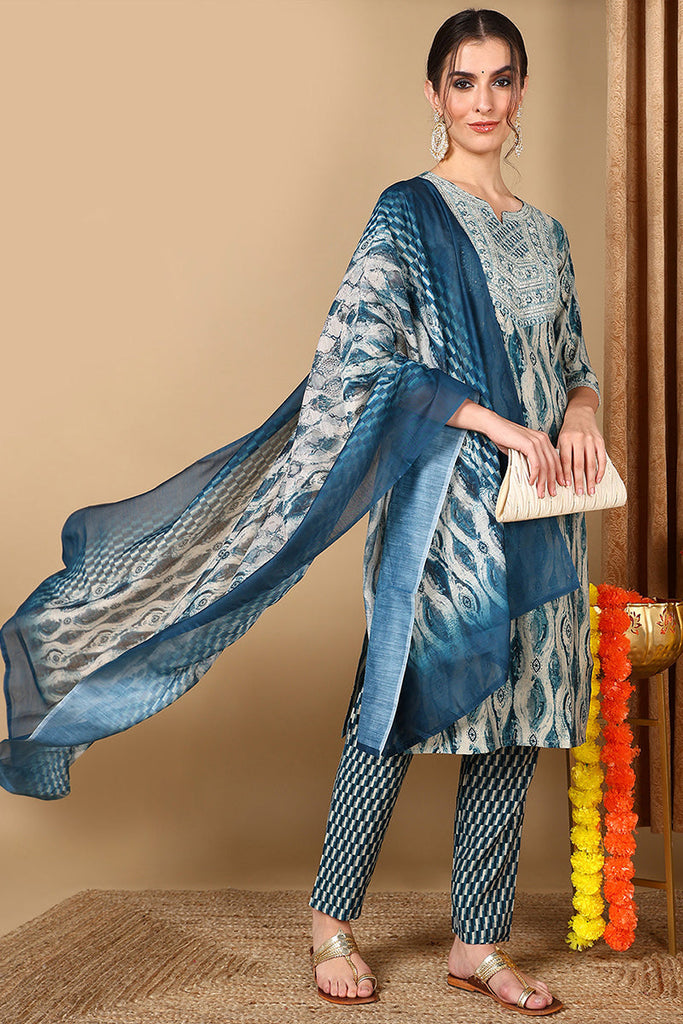 Blue Cotton Ethnic Motifs Printed Yoke Design Suit Set VKSKD2044